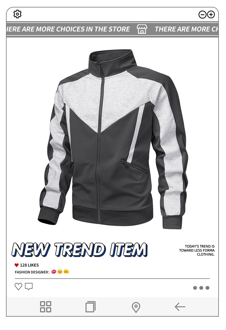 Casual sports versatile color blocking patchwork stand up collar cardigan composite long sleeved sweatshirt jacket