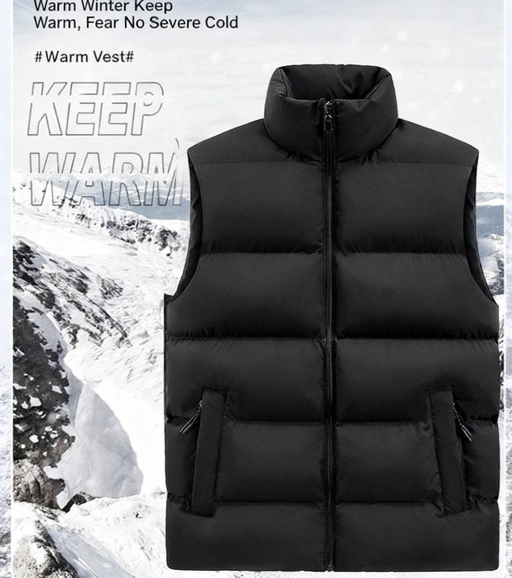 New Fashionable Casual Men's Black Stand-Up Collar Thickened Fleece Vest