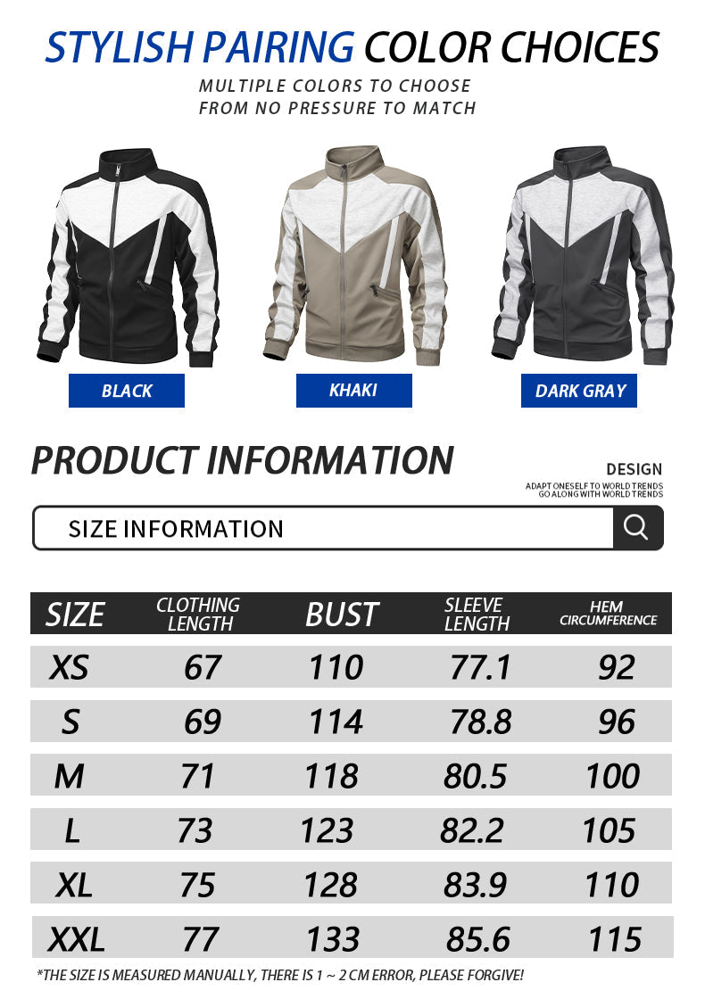 Casual sports versatile color blocking patchwork stand up collar cardigan composite long sleeved sweatshirt jacket